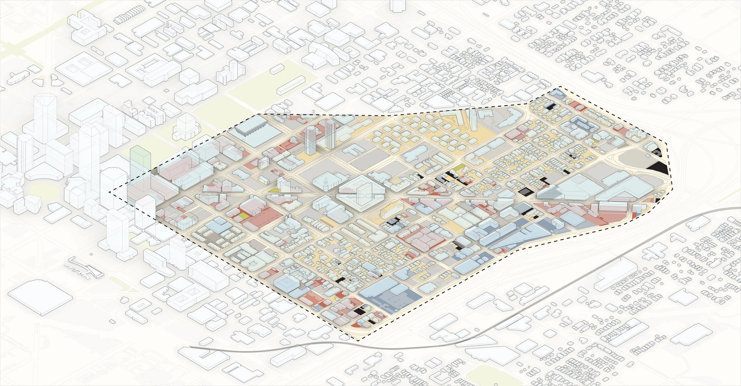Isometric diagram of land use across the Mass Ave district